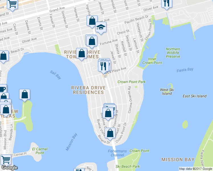 map of restaurants, bars, coffee shops, grocery stores, and more near 3700 Ingraham Street in San Diego