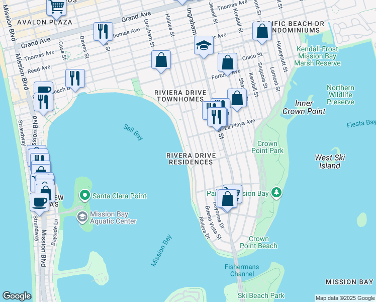 map of restaurants, bars, coffee shops, grocery stores, and more near 3726 Riviera Drive in San Diego