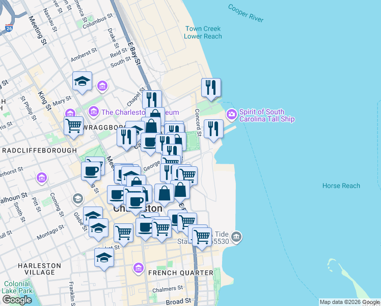 map of restaurants, bars, coffee shops, grocery stores, and more near 5 Gadsdenboro Street in Charleston