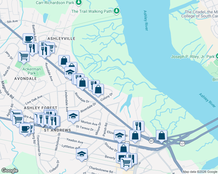 map of restaurants, bars, coffee shops, grocery stores, and more near 845 Colony Drive in Charleston