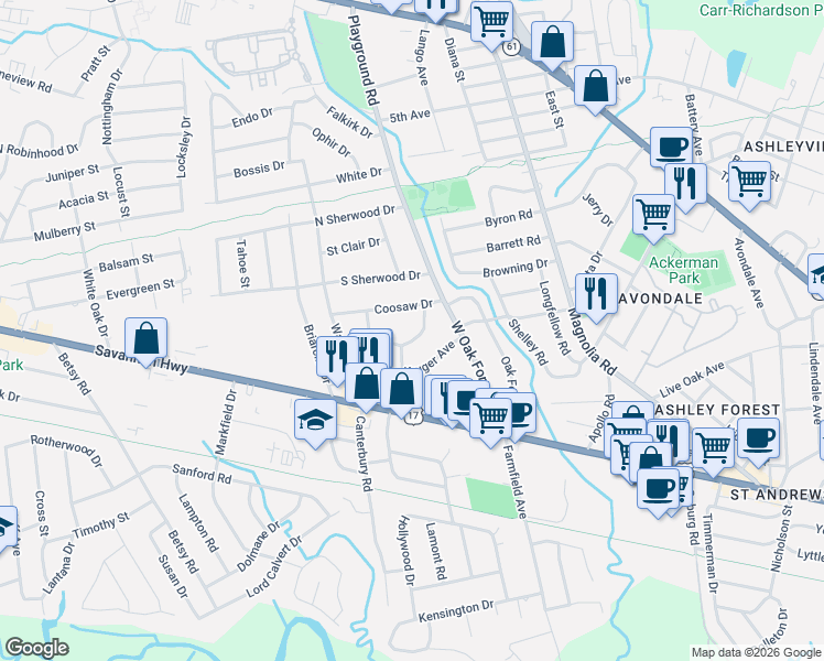 map of restaurants, bars, coffee shops, grocery stores, and more near 1226 Wimbee Drive in Charleston