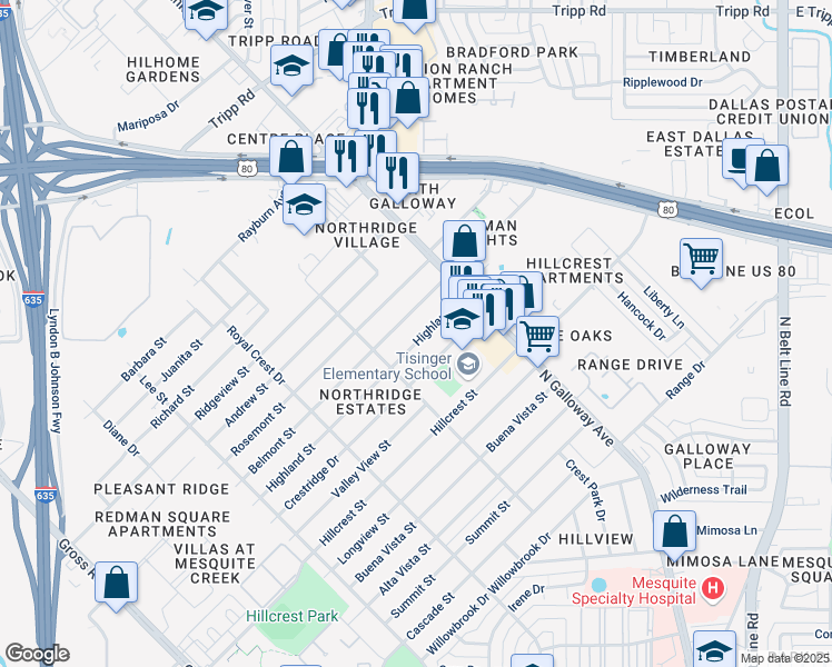 map of restaurants, bars, coffee shops, grocery stores, and more near 1717 Highland Street in Mesquite
