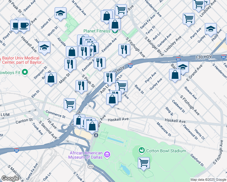 map of restaurants, bars, coffee shops, grocery stores, and more near 800 Ann Avenue in Dallas
