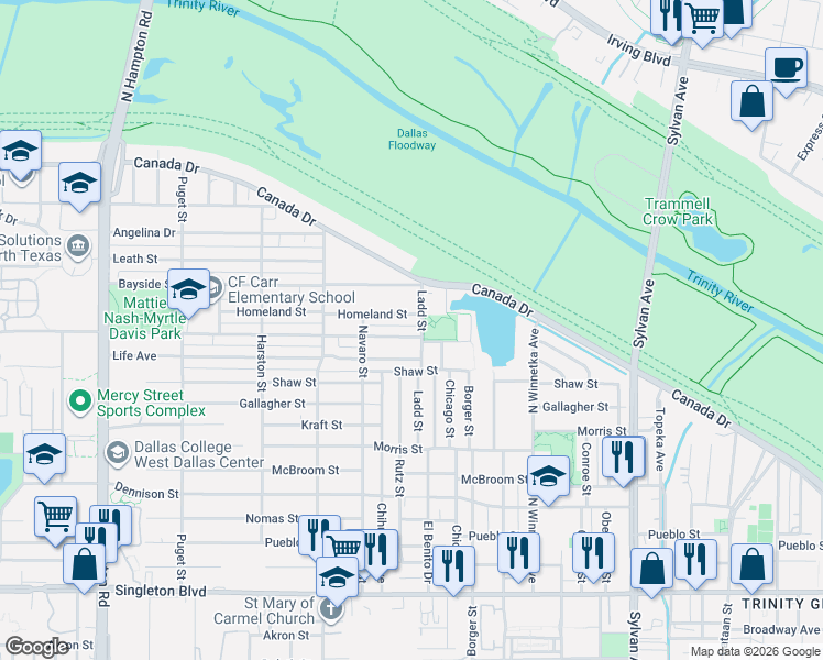 map of restaurants, bars, coffee shops, grocery stores, and more near 1511 Bickers Street in Dallas