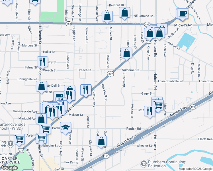 map of restaurants, bars, coffee shops, grocery stores, and more near 1725 Oak Knoll Drive in Fort Worth