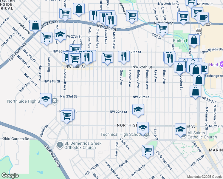 map of restaurants, bars, coffee shops, grocery stores, and more near 2309 Market Avenue in Fort Worth