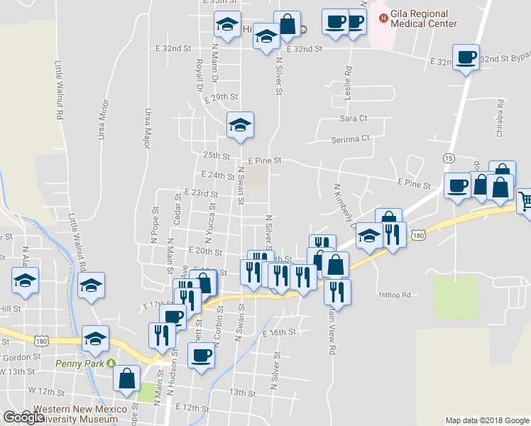 map of restaurants, bars, coffee shops, grocery stores, and more near 711 Maple Street in Silver City