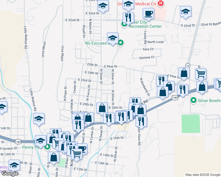 map of restaurants, bars, coffee shops, grocery stores, and more near 605-711 Maple Street in Silver City