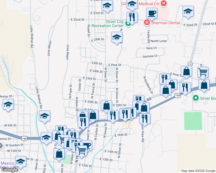 map of restaurants, bars, coffee shops, grocery stores, and more near 605-711 Maple Street in Silver City