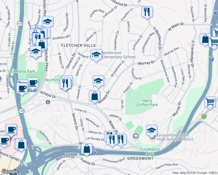 map of restaurants, bars, coffee shops, grocery stores, and more near 5987 Amaya Drive in La Mesa