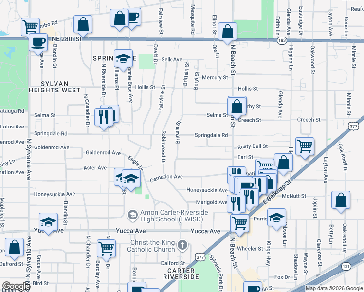 map of restaurants, bars, coffee shops, grocery stores, and more near 3712 Springdale Road in Fort Worth
