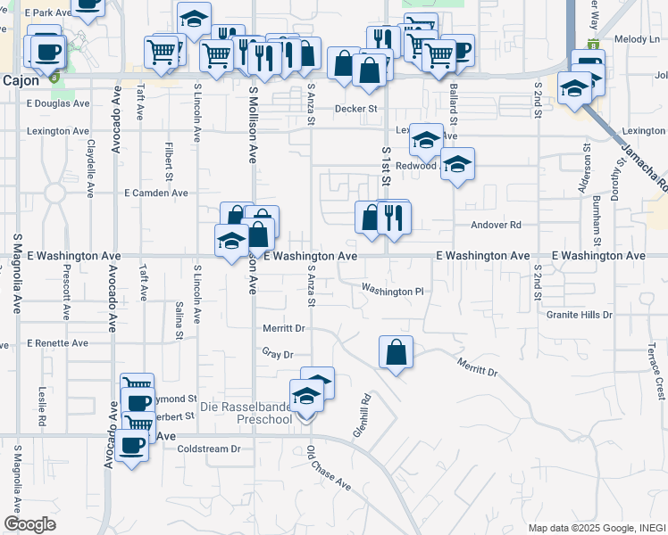 map of restaurants, bars, coffee shops, grocery stores, and more near 1033 Rocky Hill Road in El Cajon