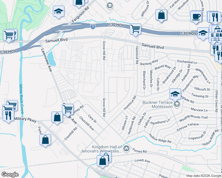 map of restaurants, bars, coffee shops, grocery stores, and more near 2856 Coteau Way in Dallas