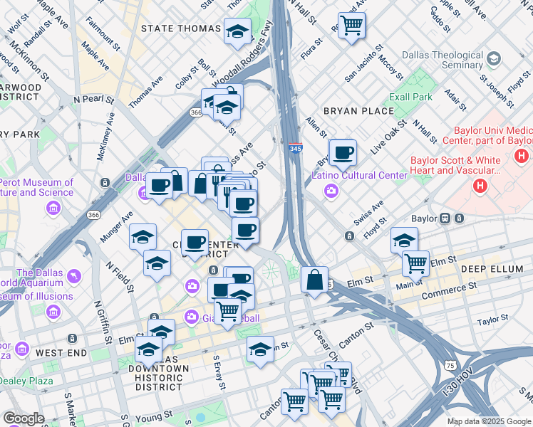 map of restaurants, bars, coffee shops, grocery stores, and more near 2607 Bryan Street in Dallas
