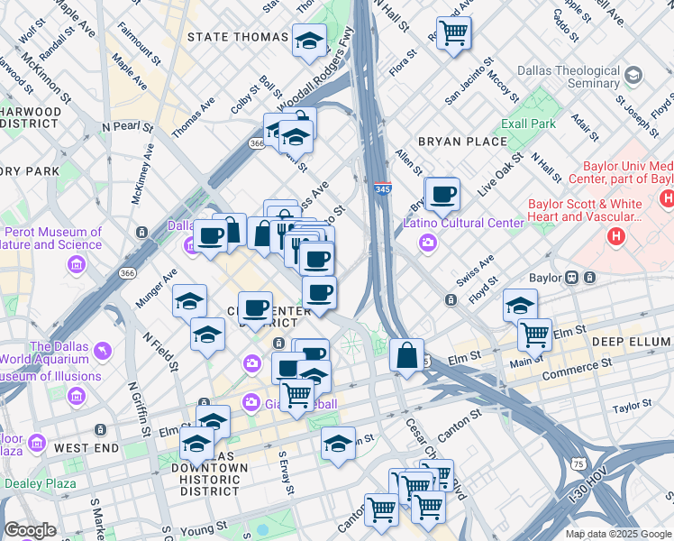 map of restaurants, bars, coffee shops, grocery stores, and more near 2607 Bryan Street in Dallas