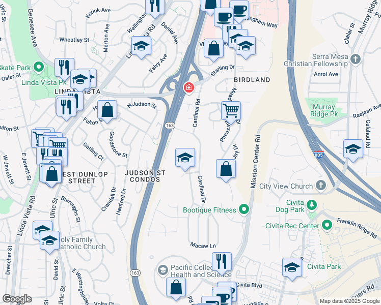 map of restaurants, bars, coffee shops, grocery stores, and more near 2350 Cardinal Drive in San Diego