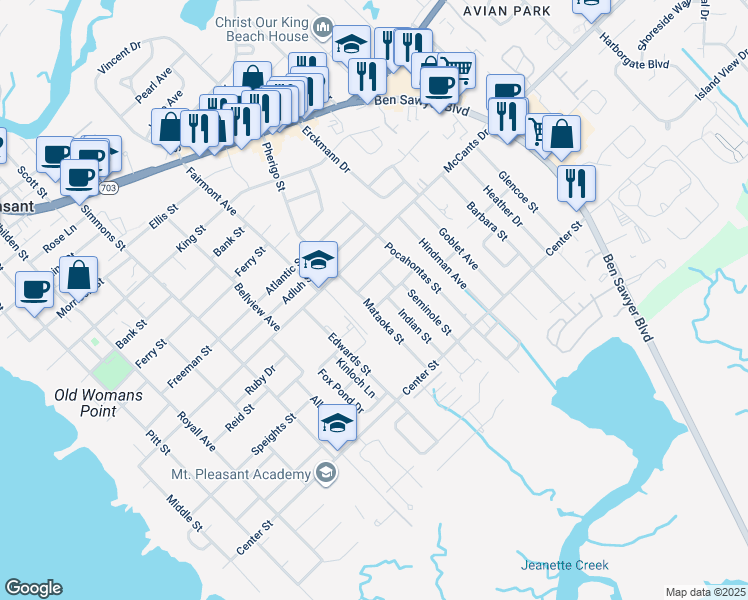 map of restaurants, bars, coffee shops, grocery stores, and more near 1434 Mataoka Street in Mount Pleasant