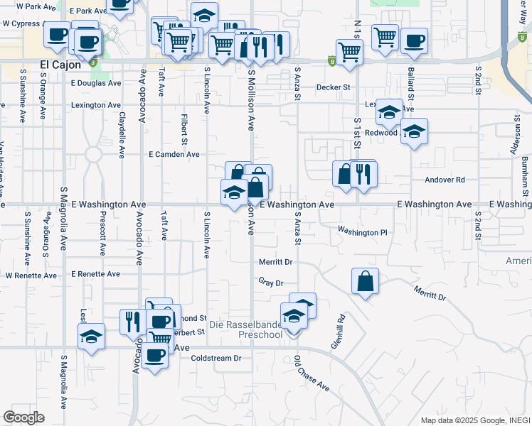 map of restaurants, bars, coffee shops, grocery stores, and more near 939 East Washington Avenue in El Cajon