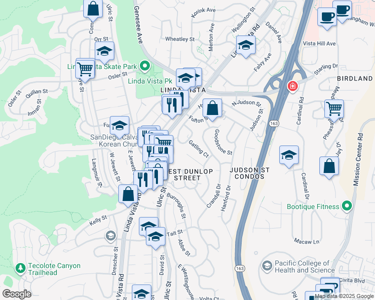 map of restaurants, bars, coffee shops, grocery stores, and more near 2418 Fleetwood Street in San Diego