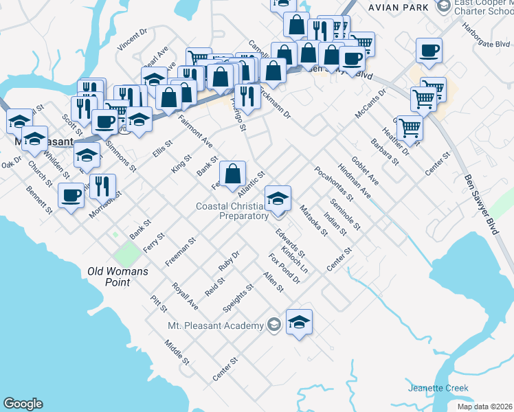 map of restaurants, bars, coffee shops, grocery stores, and more near 676 McCants Drive in Mount Pleasant