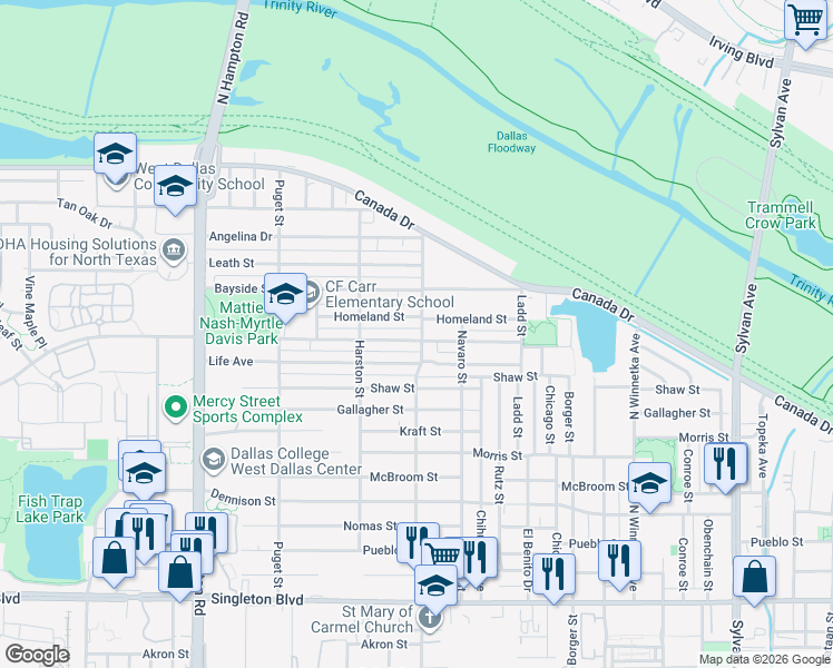 map of restaurants, bars, coffee shops, grocery stores, and more near 3616 Vilbig Road in Dallas