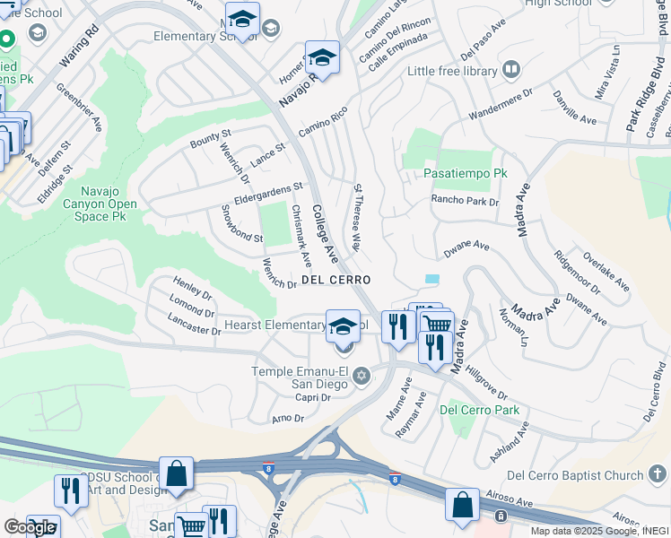 map of restaurants, bars, coffee shops, grocery stores, and more near 6020 College Avenue in San Diego