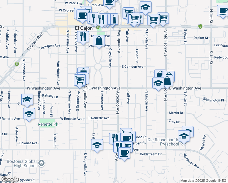 map of restaurants, bars, coffee shops, grocery stores, and more near 700 Avocado Avenue in El Cajon