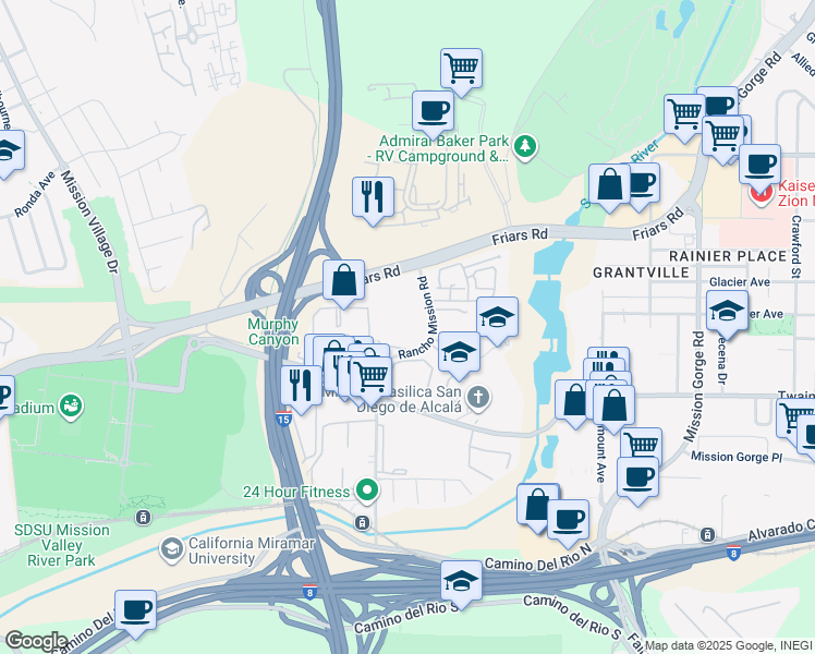 map of restaurants, bars, coffee shops, grocery stores, and more near 6304 Rancho Mission Road in San Diego