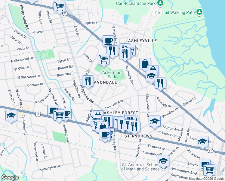 map of restaurants, bars, coffee shops, grocery stores, and more near 45 Sycamore Avenue in Charleston