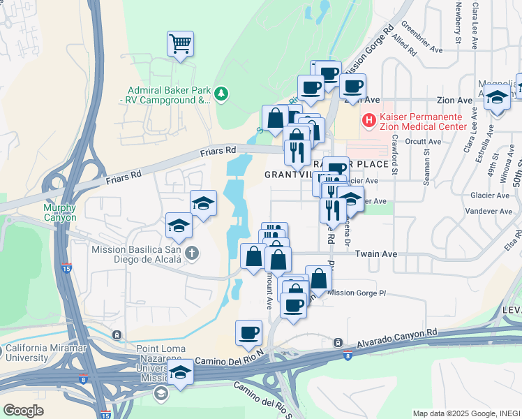 map of restaurants, bars, coffee shops, grocery stores, and more near 6160 Fairmount Avenue in San Diego