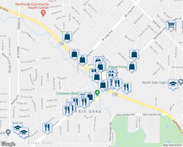 map of restaurants, bars, coffee shops, grocery stores, and more near Jacksboro Hwy in Fort Worth