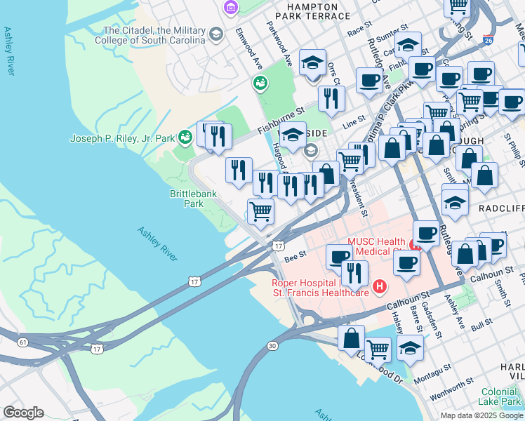 map of restaurants, bars, coffee shops, grocery stores, and more near 250 Spring St in Charleston