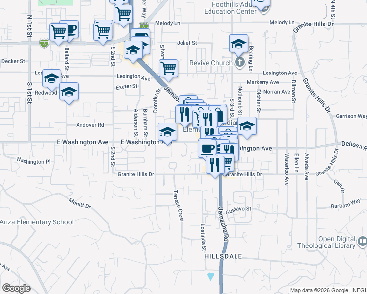 map of restaurants, bars, coffee shops, grocery stores, and more near 1423 East Washington Avenue in El Cajon