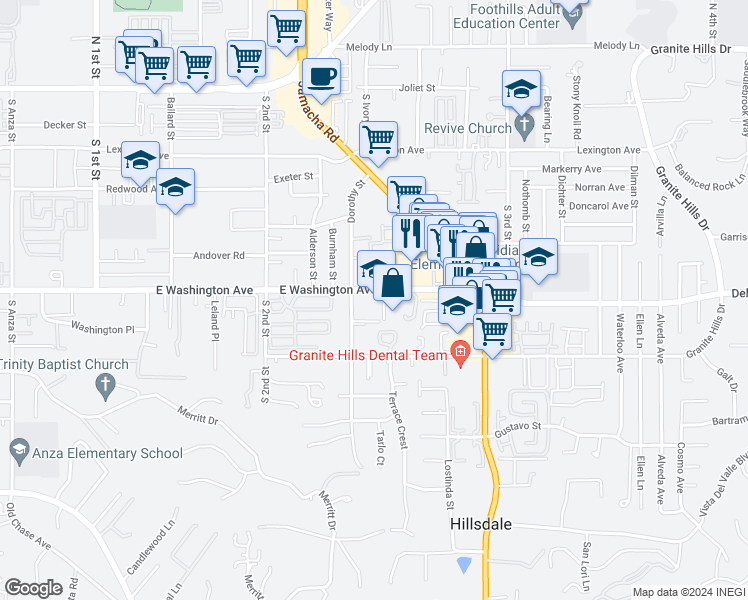 map of restaurants, bars, coffee shops, grocery stores, and more near 1375 East Washington Avenue in El Cajon
