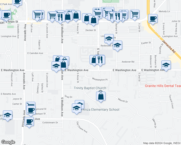 map of restaurants, bars, coffee shops, grocery stores, and more near 1065 East Washington Avenue in El Cajon