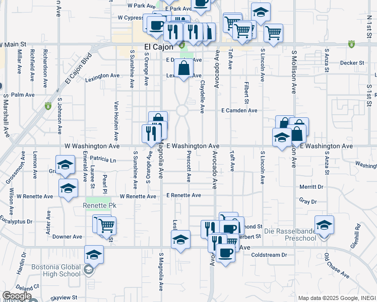 map of restaurants, bars, coffee shops, grocery stores, and more near 749 Prescott Avenue in El Cajon