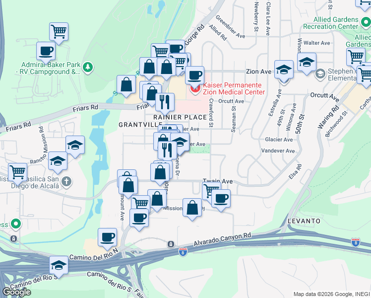 map of restaurants, bars, coffee shops, grocery stores, and more near 4555 Vandever Avenue in San Diego