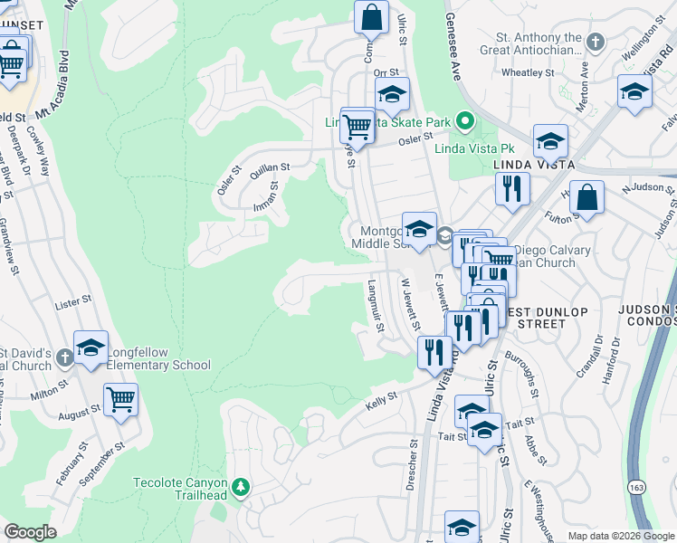 map of restaurants, bars, coffee shops, grocery stores, and more near 6565 Lanston Street in San Diego