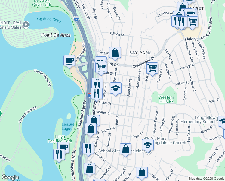 map of restaurants, bars, coffee shops, grocery stores, and more near 2402 Denver Street in San Diego