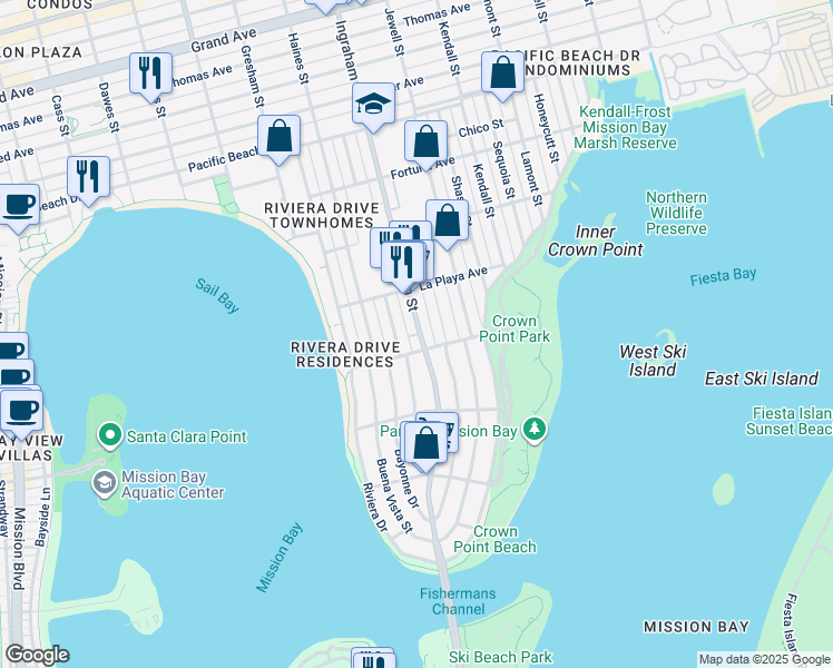 map of restaurants, bars, coffee shops, grocery stores, and more near 3700 Ingraham Street in San Diego