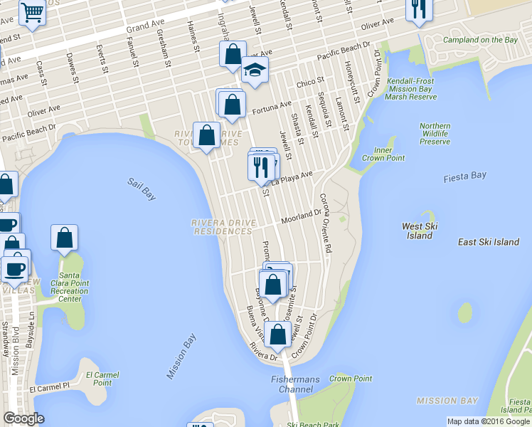 map of restaurants, bars, coffee shops, grocery stores, and more near 3700 Ingraham Street in San Diego