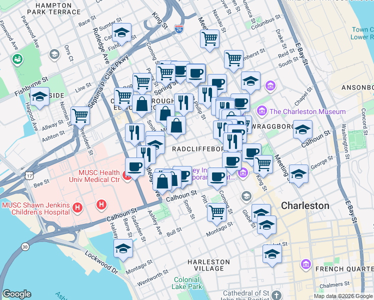 map of restaurants, bars, coffee shops, grocery stores, and more near 16 Thomas Street in Charleston