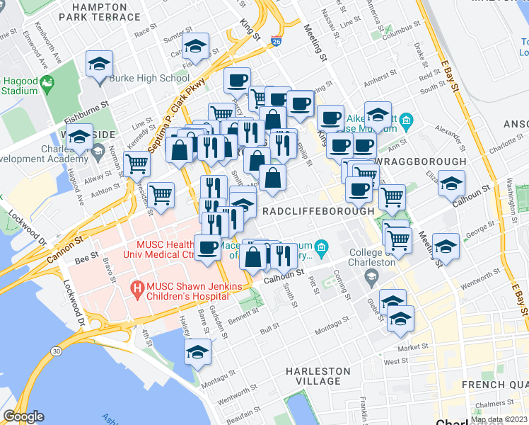 map of restaurants, bars, coffee shops, grocery stores, and more near 148 Smith Street in Charleston
