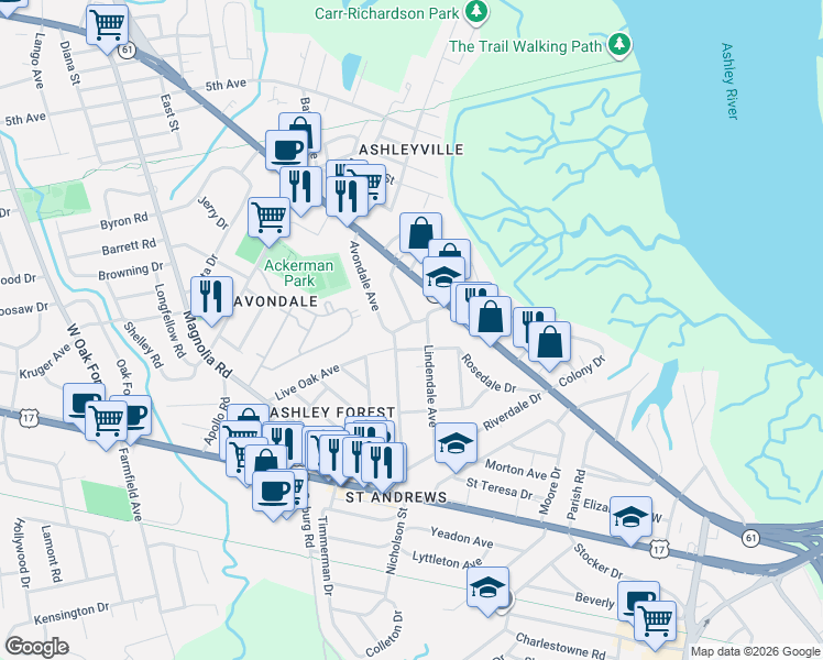 map of restaurants, bars, coffee shops, grocery stores, and more near 32 Rosedale Drive in Charleston