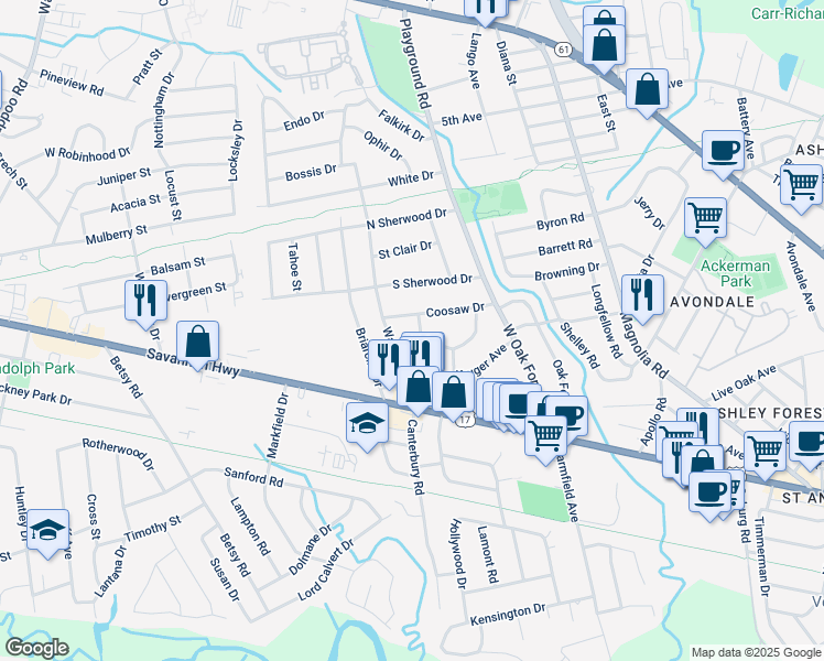 map of restaurants, bars, coffee shops, grocery stores, and more near 1254 Wimbee Drive in Charleston