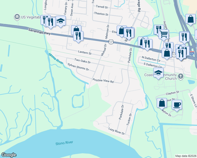 map of restaurants, bars, coffee shops, grocery stores, and more near 2335 Pristine View Road in Charleston
