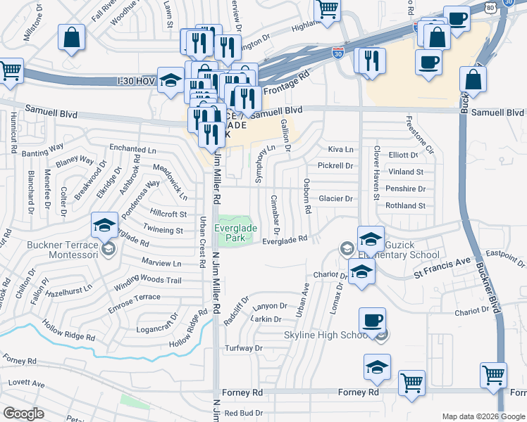 map of restaurants, bars, coffee shops, grocery stores, and more near 6123 Symphony Lane in Dallas