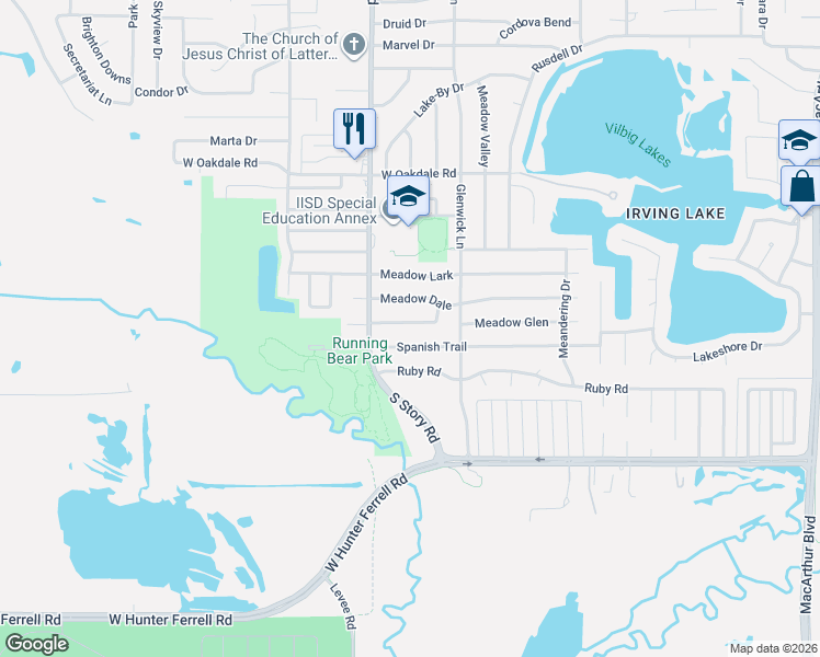 map of restaurants, bars, coffee shops, grocery stores, and more near 2225 Spanish Trail in Irving