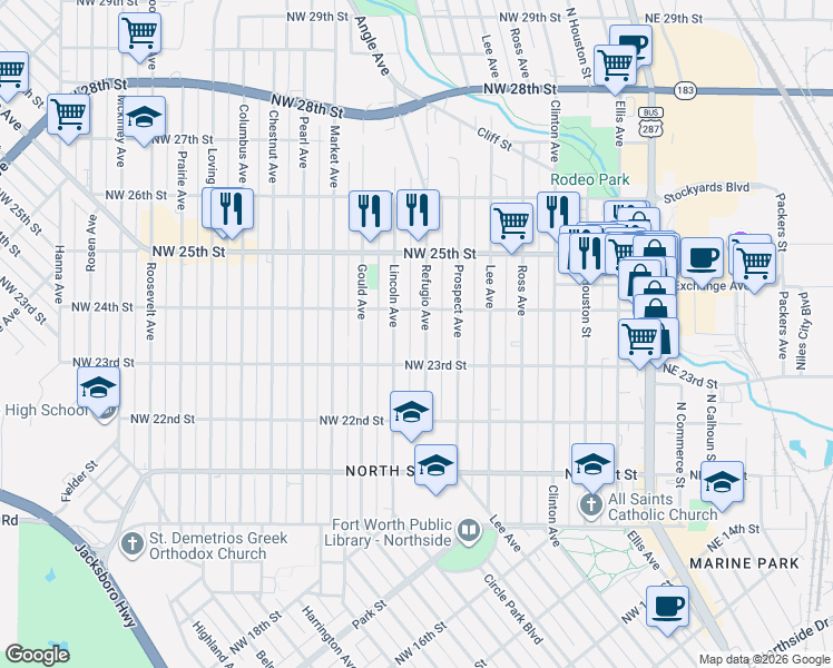 map of restaurants, bars, coffee shops, grocery stores, and more near 2308 Refugio Avenue in Fort Worth