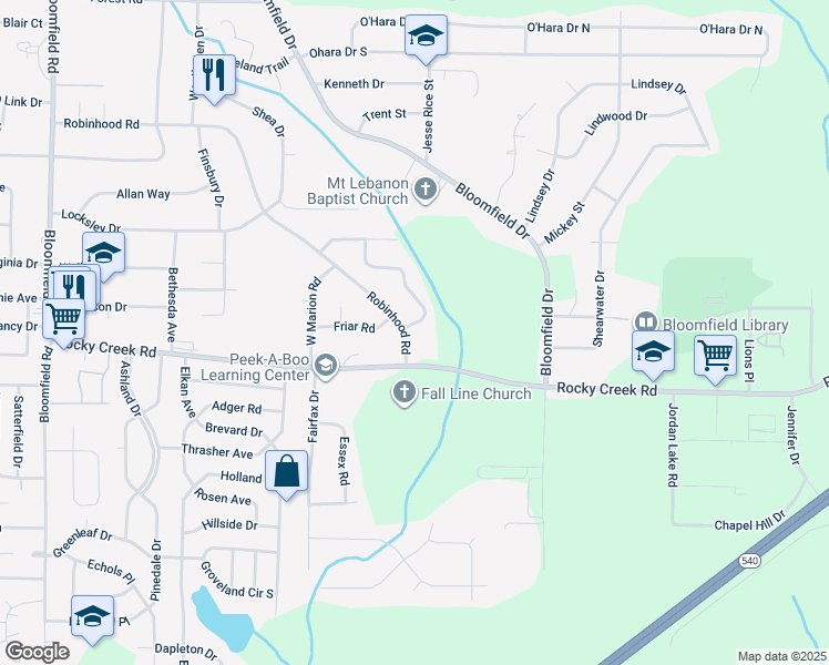 map of restaurants, bars, coffee shops, grocery stores, and more near 2134 Robin Hood Road in Macon